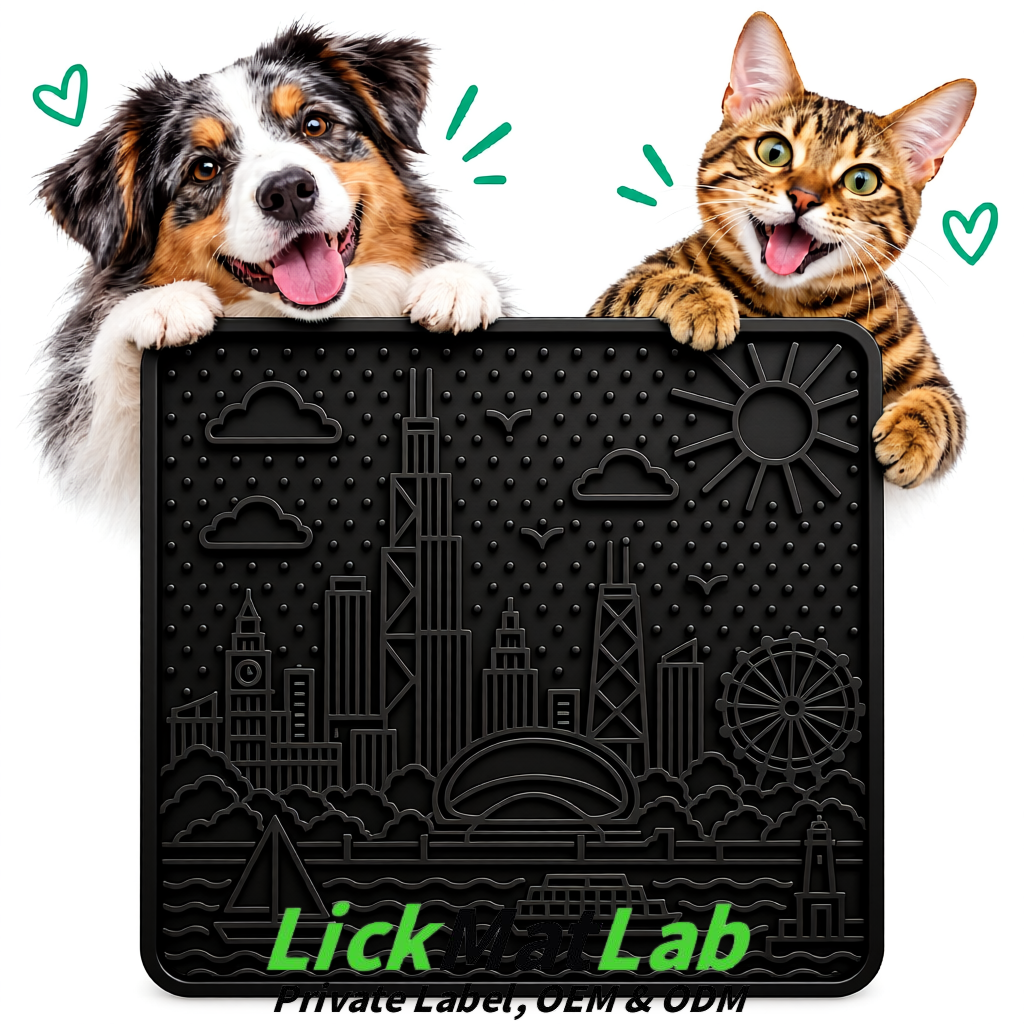 Black Chicago Skyline Lick Mats for Dogs & Cats | Private Label