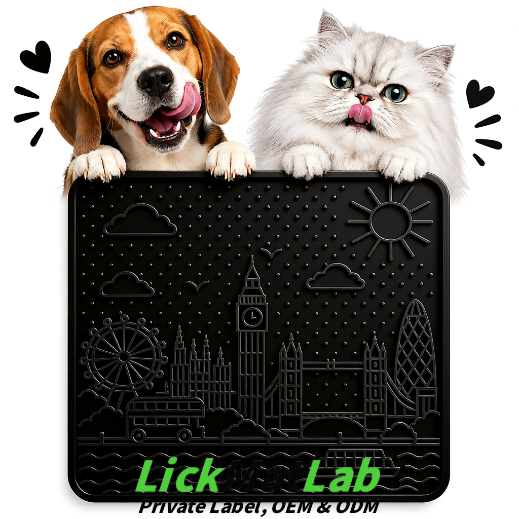Black London-Themed Lick Mats for Dogs & Cats | Custom Logo