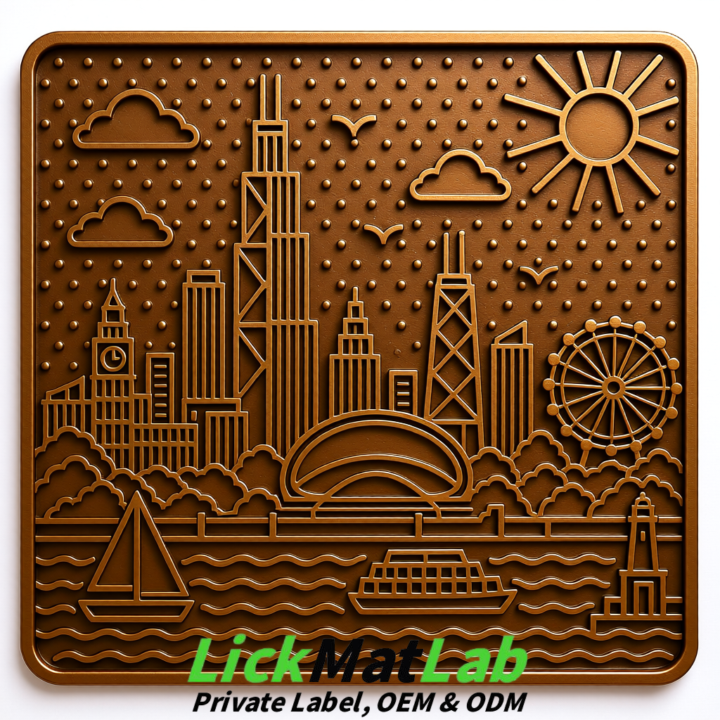 Bronze Chicago Skyline Lick Mats for Dogs & Cats | Private Label