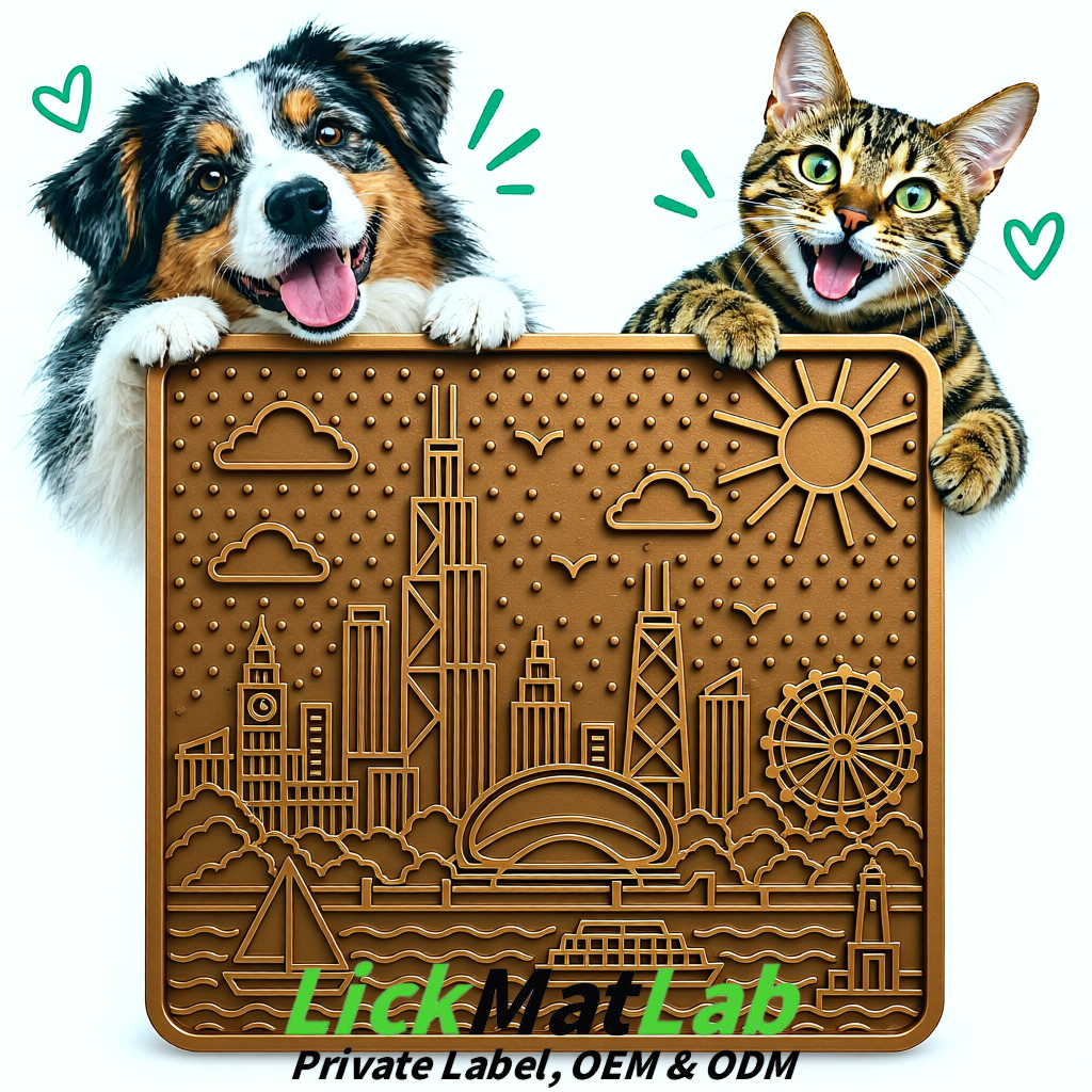 Bronze Chicago Skyline Lick Mats for Dogs & Cats | Private Label