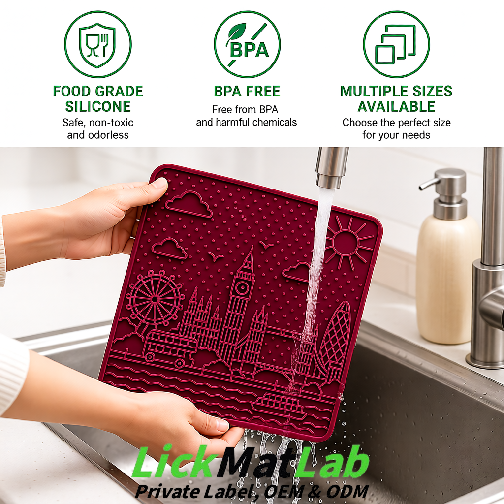 Burgundy London-Themed Lick Mats for Dogs & Cats | Custom Logo