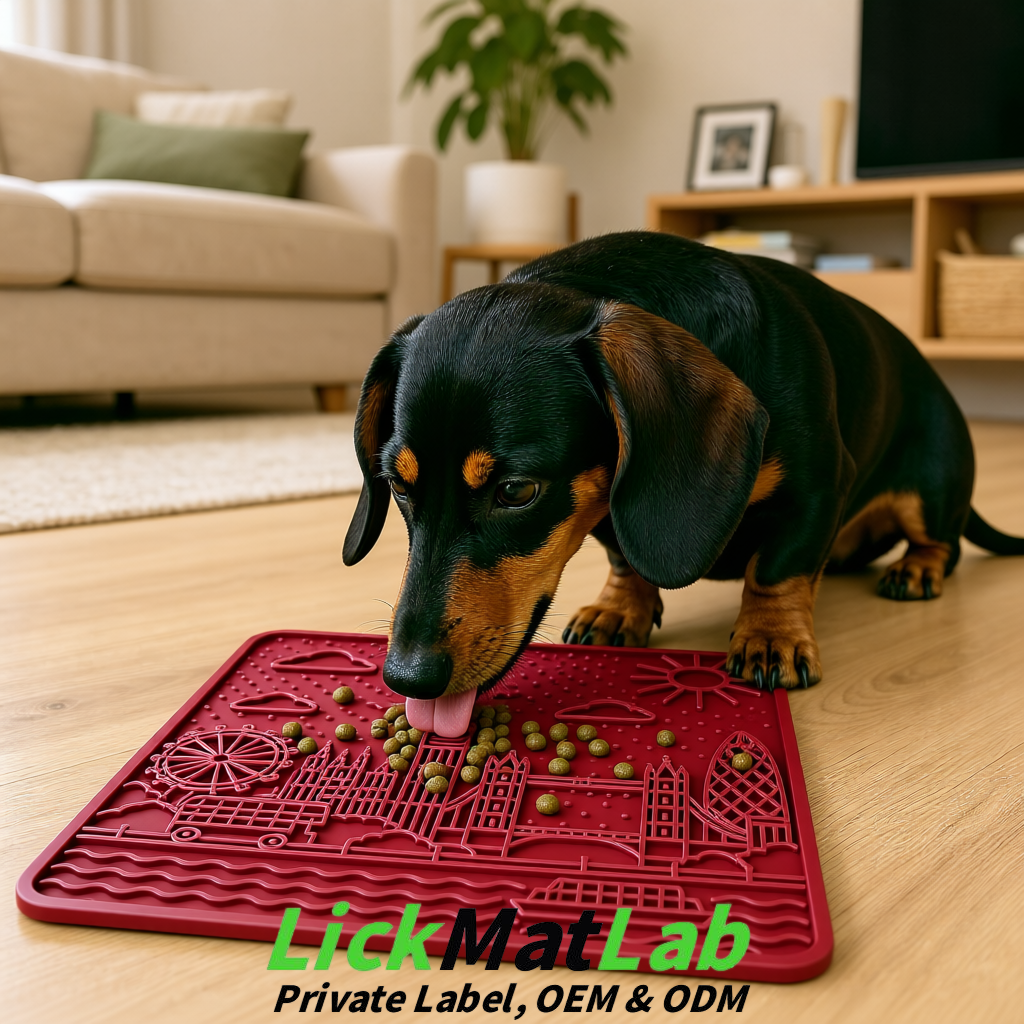 Burgundy London-Themed Lick Mats for Dogs & Cats | Custom Logo Burgundy London-Themed Lick Mats for Dogs & Cats | Custom Logo
