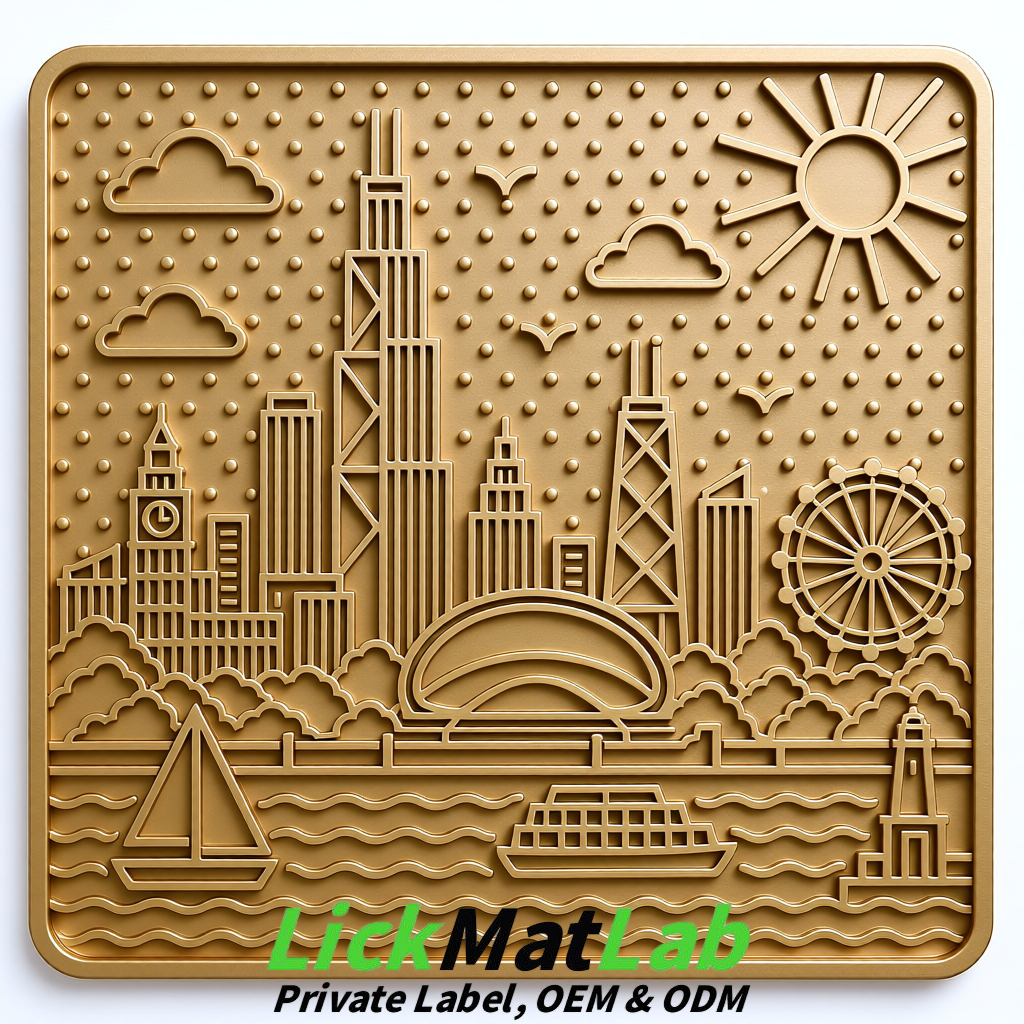 Champagne Chicago Skyline Lick Mats for Dogs & Cats | Private Label