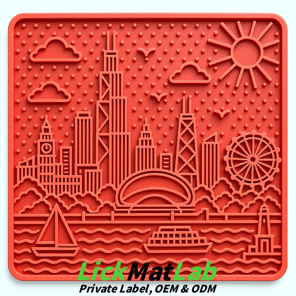 Coral Chicago Skyline Lick Mats for Dogs & Cats | Private Label
