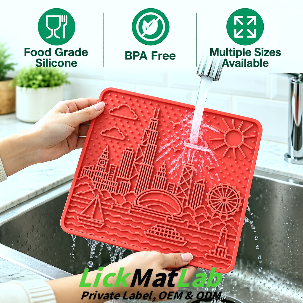 Coral Chicago Skyline Lick Mats for Dogs & Cats | Private Label