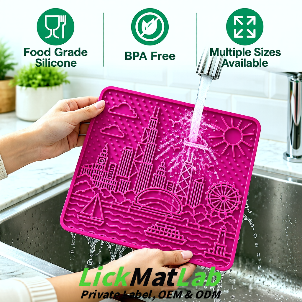 Fuchsia Chicago Skyline Lick Mats for Dogs & Cats | Private Label