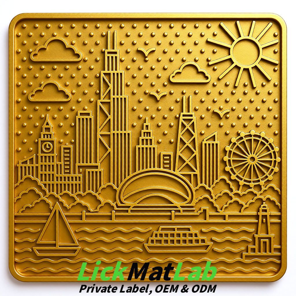Gold Chicago Skyline Lick Mats for Dogs & Cats | Private Label