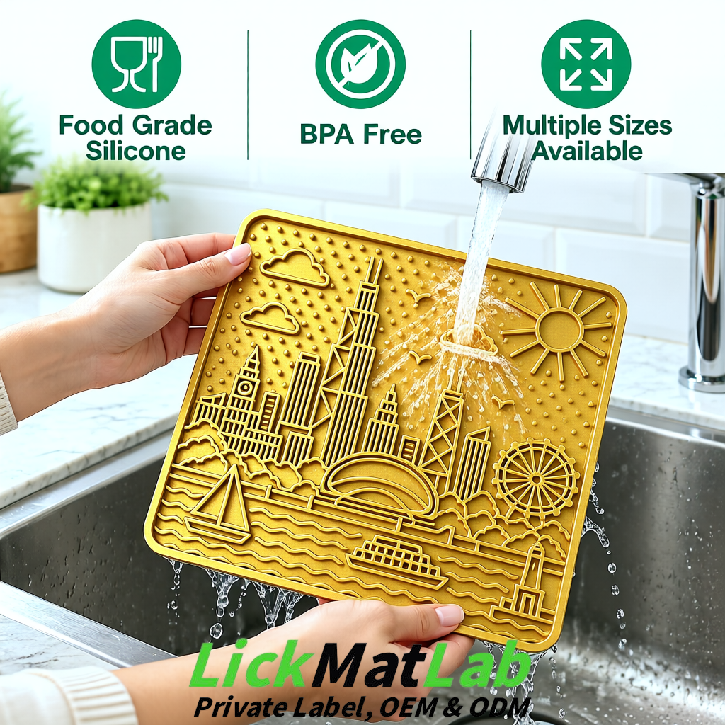 Gold Chicago Skyline Lick Mats for Dogs & Cats | Private Label