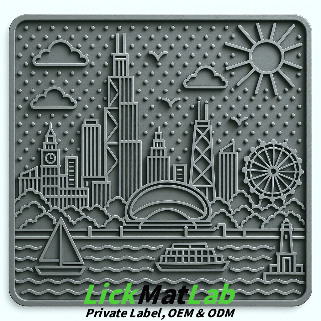 Gray Chicago Skyline Lick Mats for Dogs & Cats | Private Label