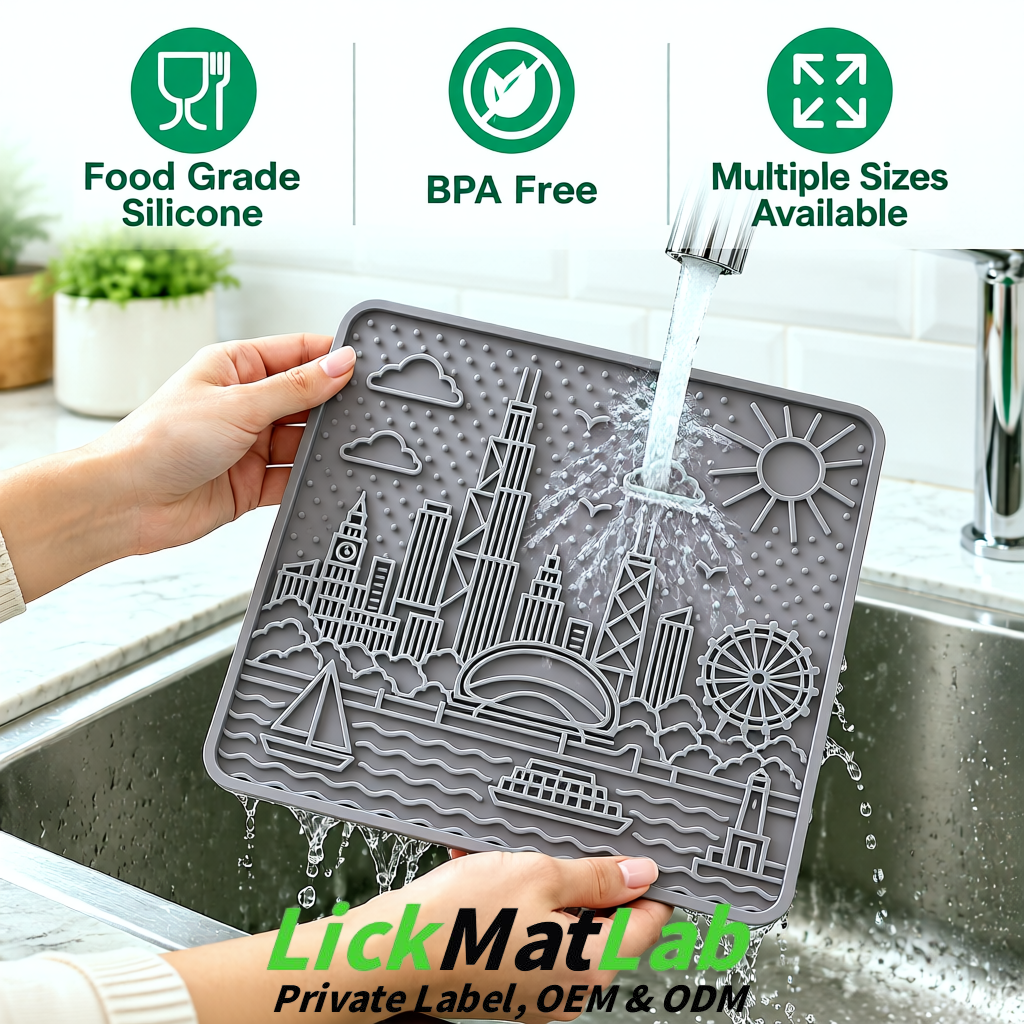 Gray Chicago Skyline Lick Mats for Dogs & Cats | Private Label