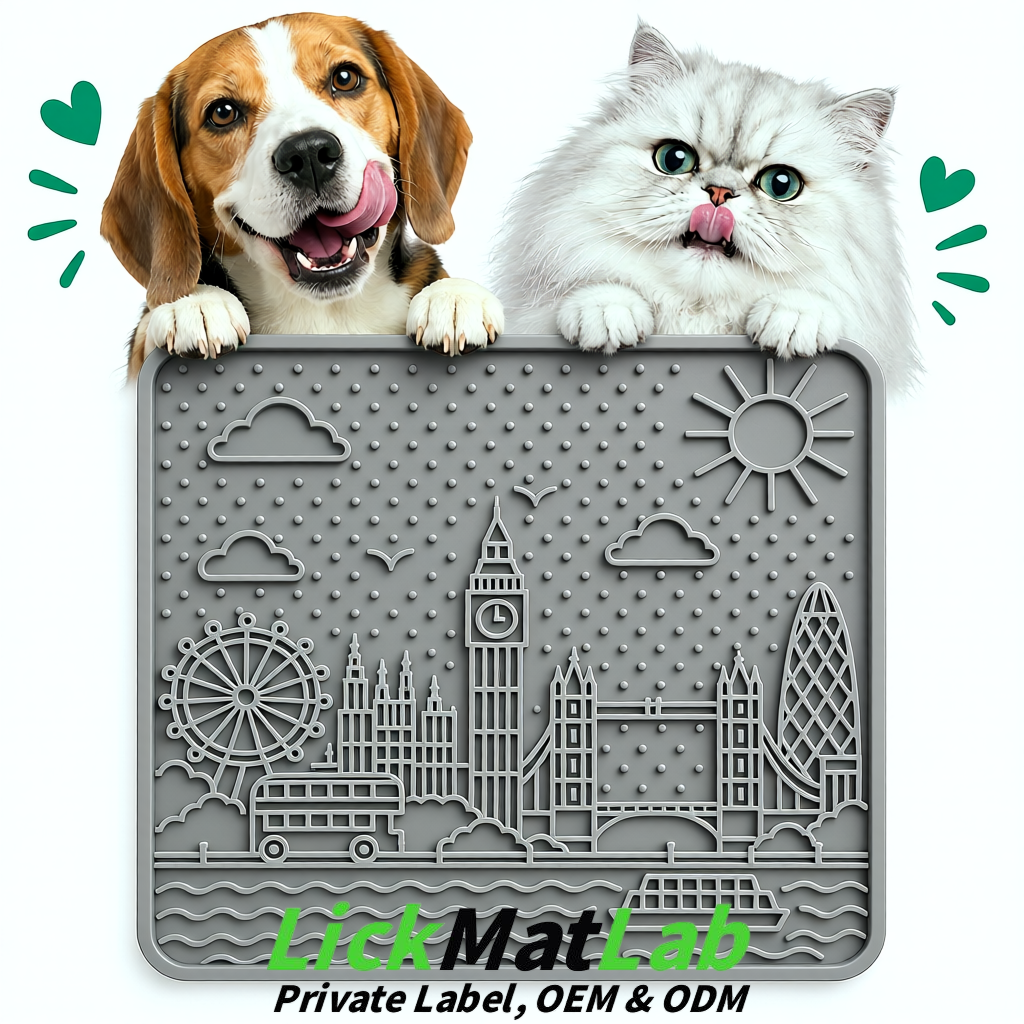 Gray London-Themed Lick Mats for Dogs & Cats | Custom Logo