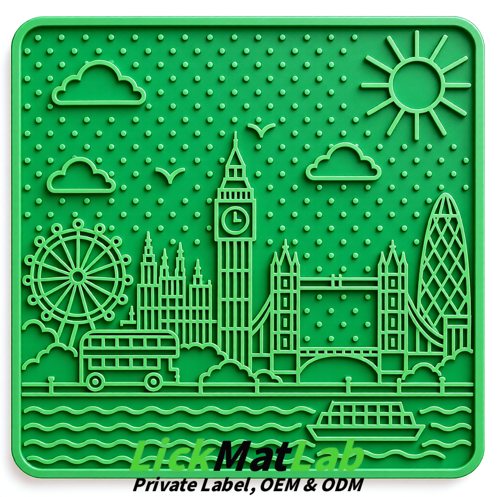 Green London-Themed Lick Mats for Dogs & Cats | Custom Logo