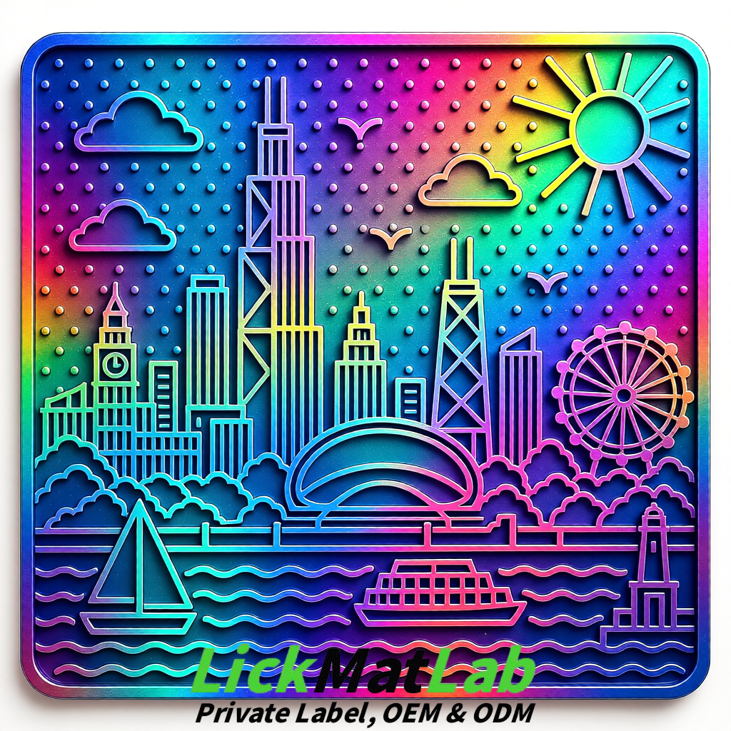 Holographic Chicago Skyline Lick Mats for Dogs & Cats | Private Label