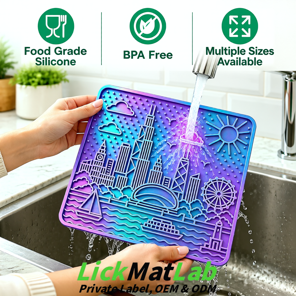 Holographic Chicago Skyline Lick Mats for Dogs & Cats | Private Label