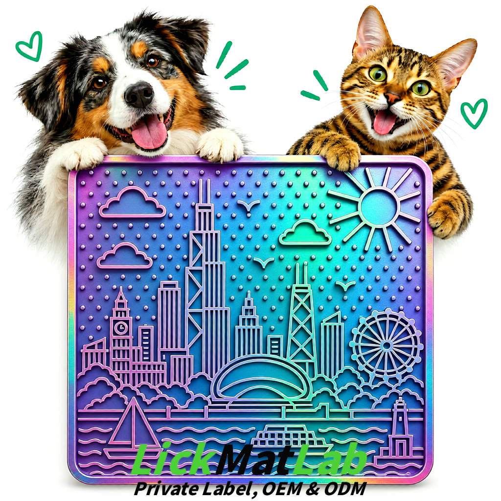 Holographic Chicago Skyline Lick Mats for Dogs & Cats | Private Label