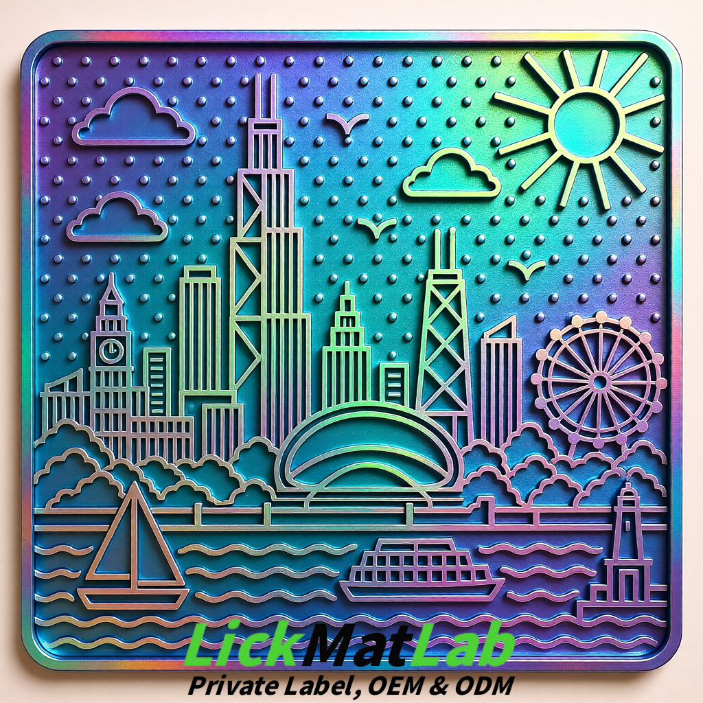 Iridescent Chicago Skyline Lick Mats for Dogs & Cats | Private Label