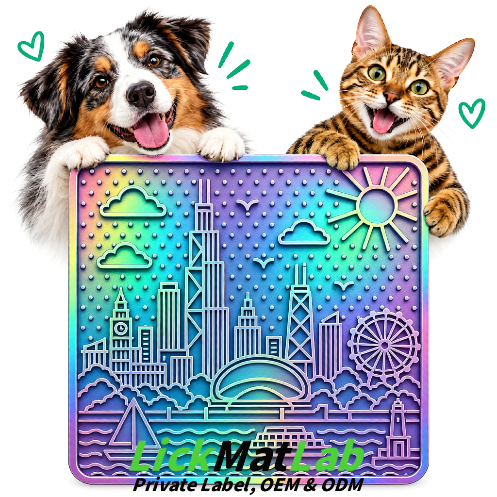 Iridescent Chicago Skyline Lick Mats for Dogs & Cats | Private Label