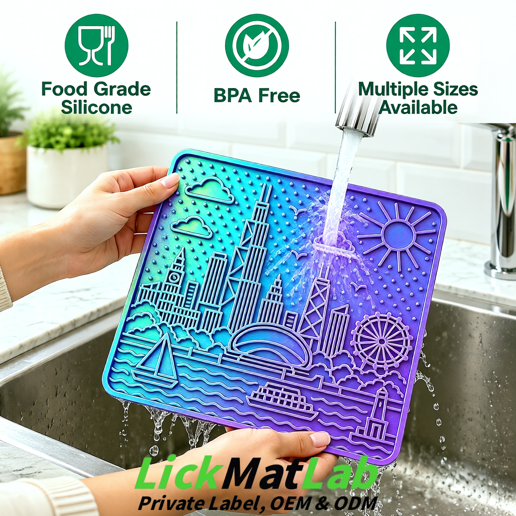 Iridescent Chicago Skyline Lick Mats for Dogs & Cats | Private Label Iridescent Chicago Skyline Lick Mats for Dogs & Cats | Private Label