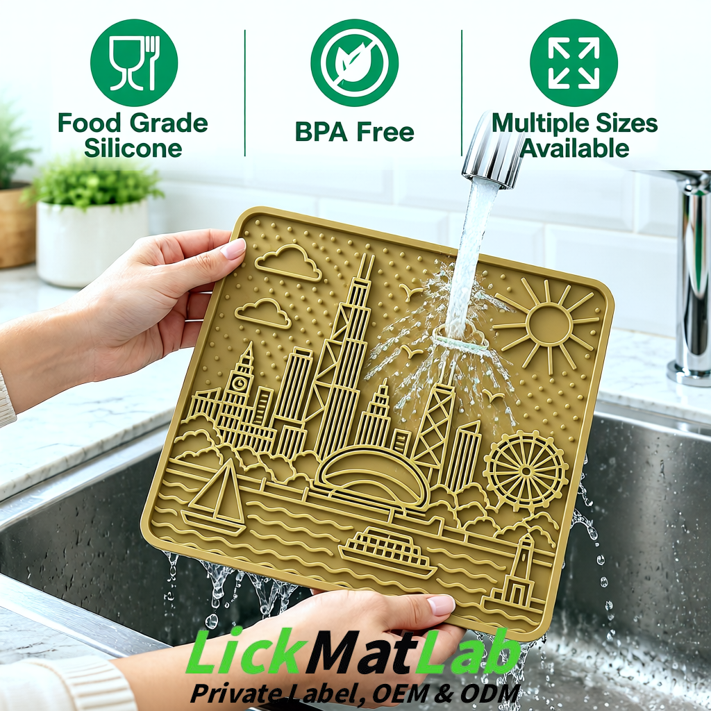 Khaki Chicago Skyline Lick Mats for Dogs & Cats | Private Label