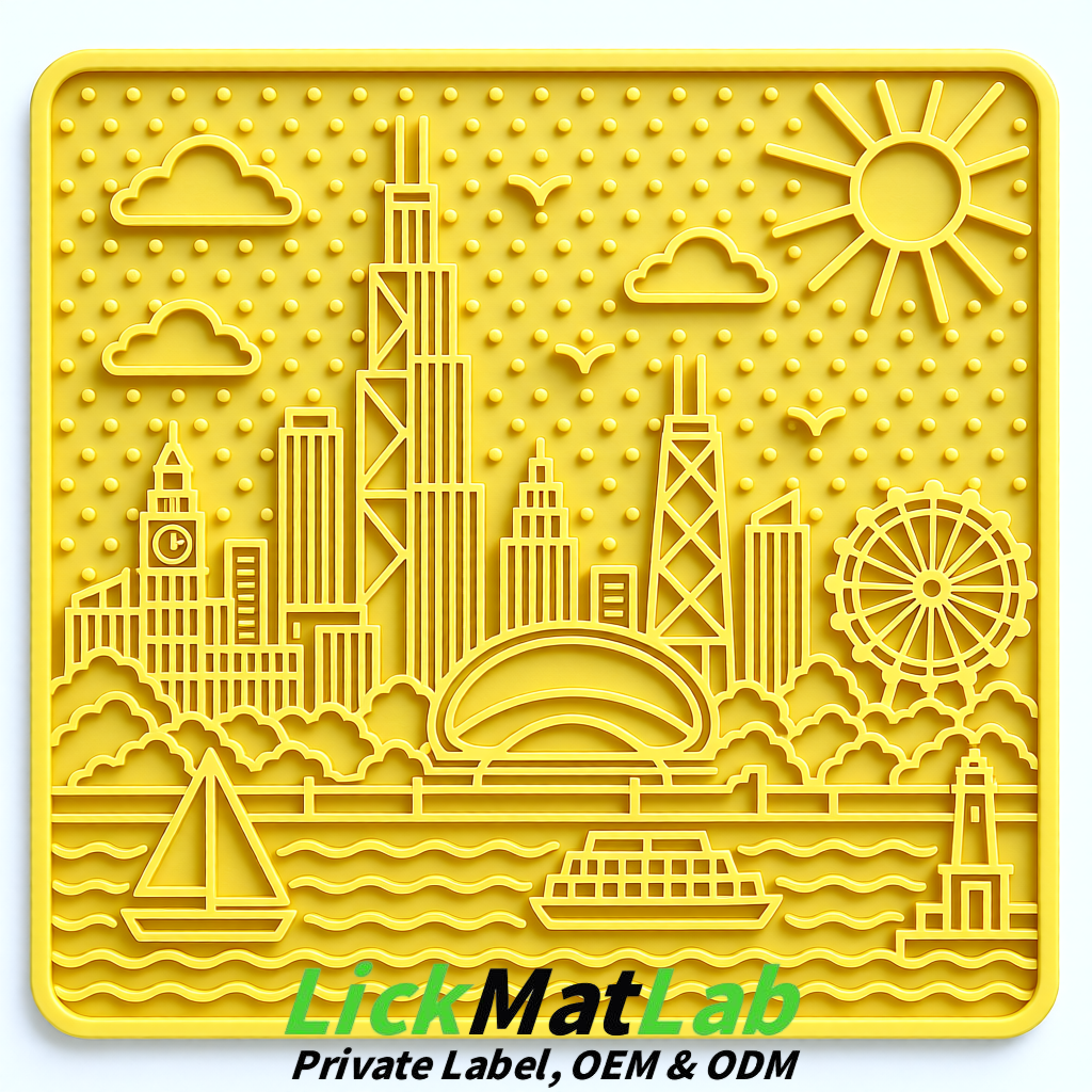 Lemon Yellow Chicago Skyline Lick Mats for Dogs & Cats | Private Label
