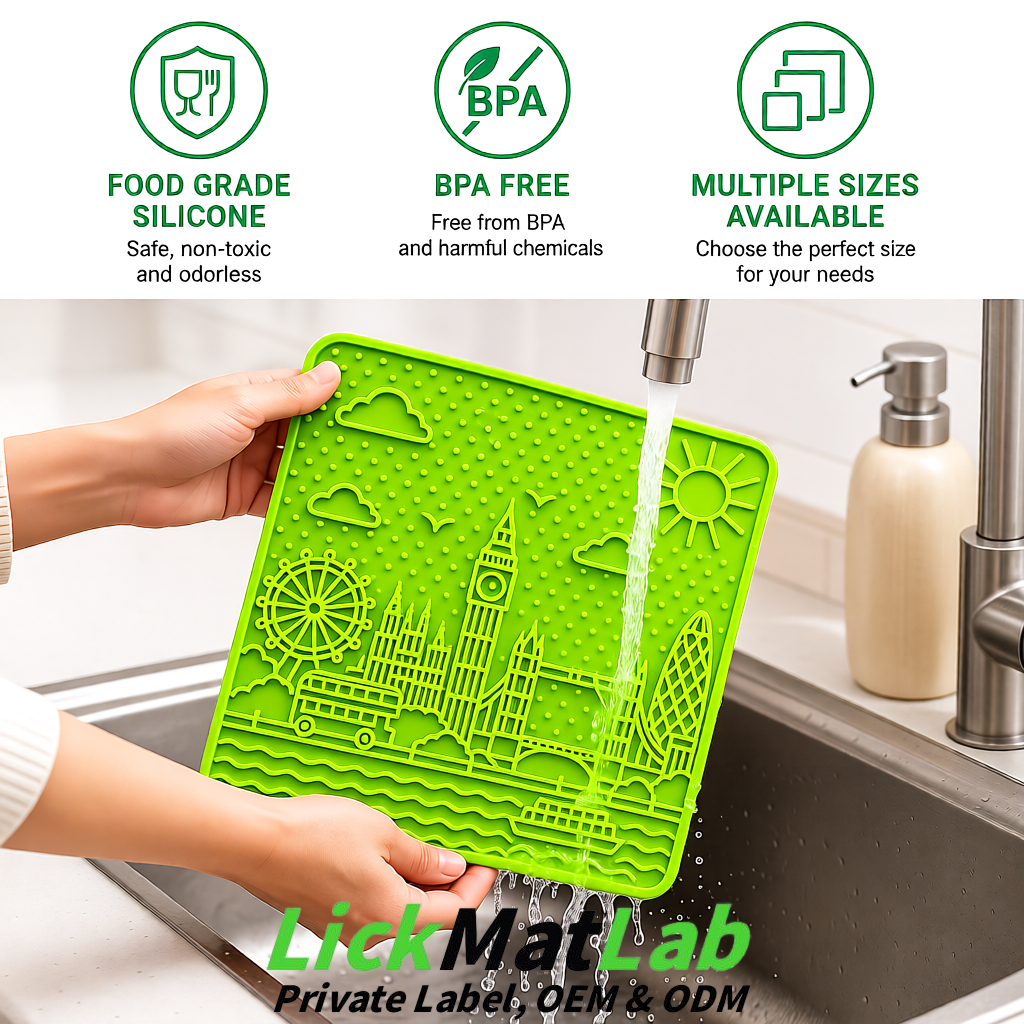 Lime Green London-Themed Lick Mats for Dogs & Cats | Custom Logo