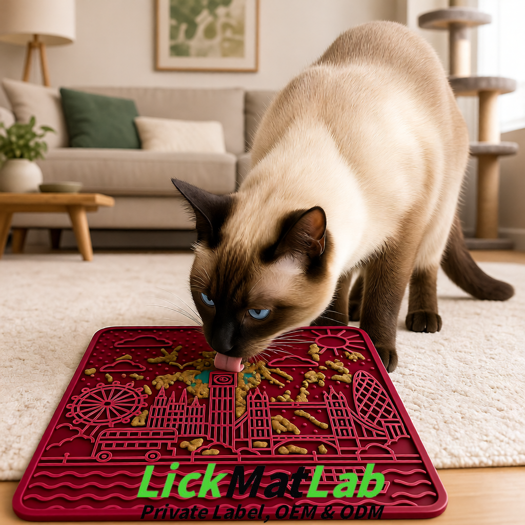 Maroon London-Themed Lick Mats for Dogs & Cats | Custom Logo Maroon London-Themed Lick Mats for Dogs & Cats | Custom Logo