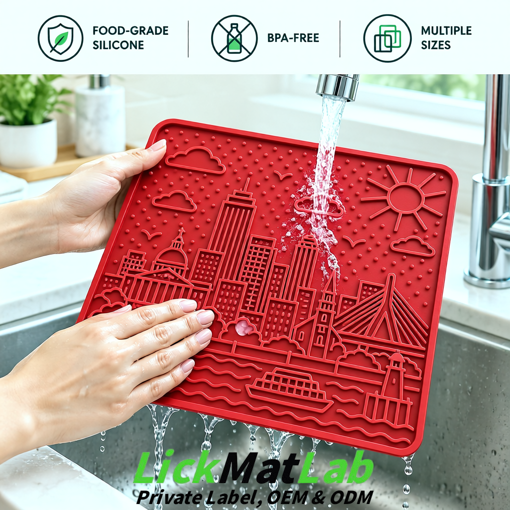 Matte Red Boston Urban Design Lick Mats For Cat & Dog | OEM/ODM Manufacturer