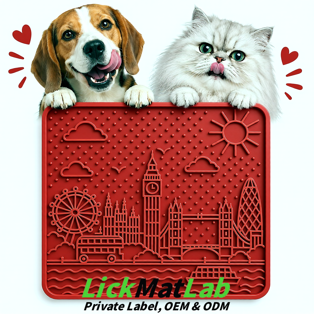 Matte Red London-Themed Lick Mats for Dogs & Cats | Custom Logo
