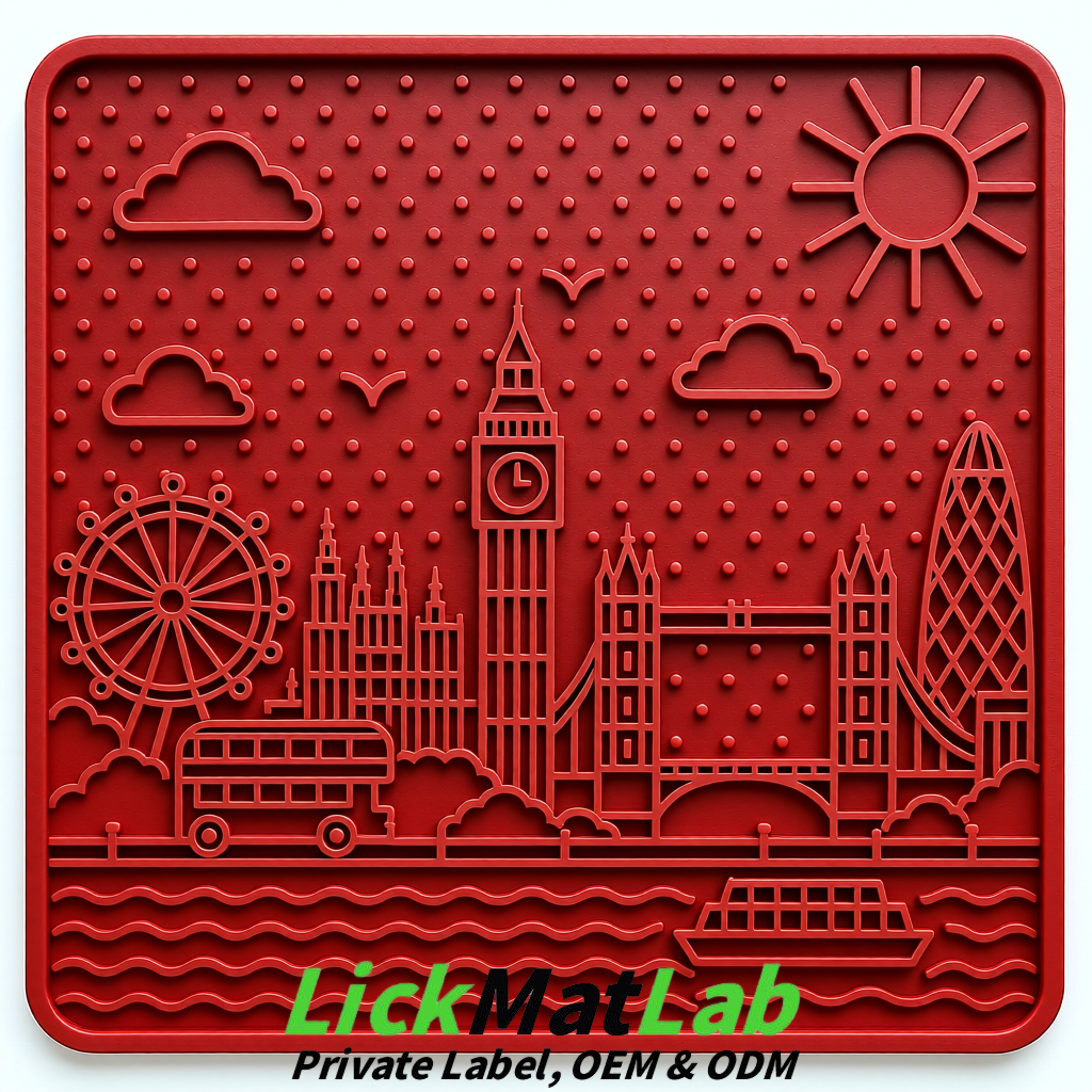 Matte Red London-Themed Lick Mats for Dogs & Cats | Custom Logo