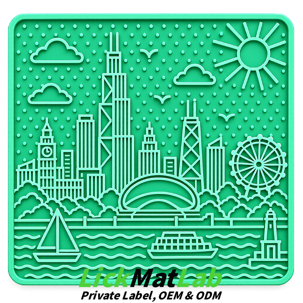Mint Green Chicago Skyline Lick Mats for Dogs & Cats | Private Label
