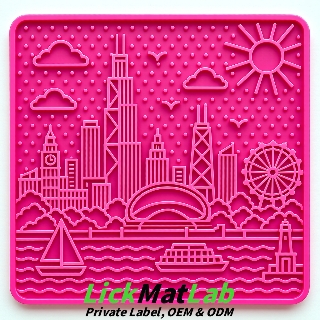 Neon Pink Chicago Skyline Lick Mats for Dogs & Cats | Private Label