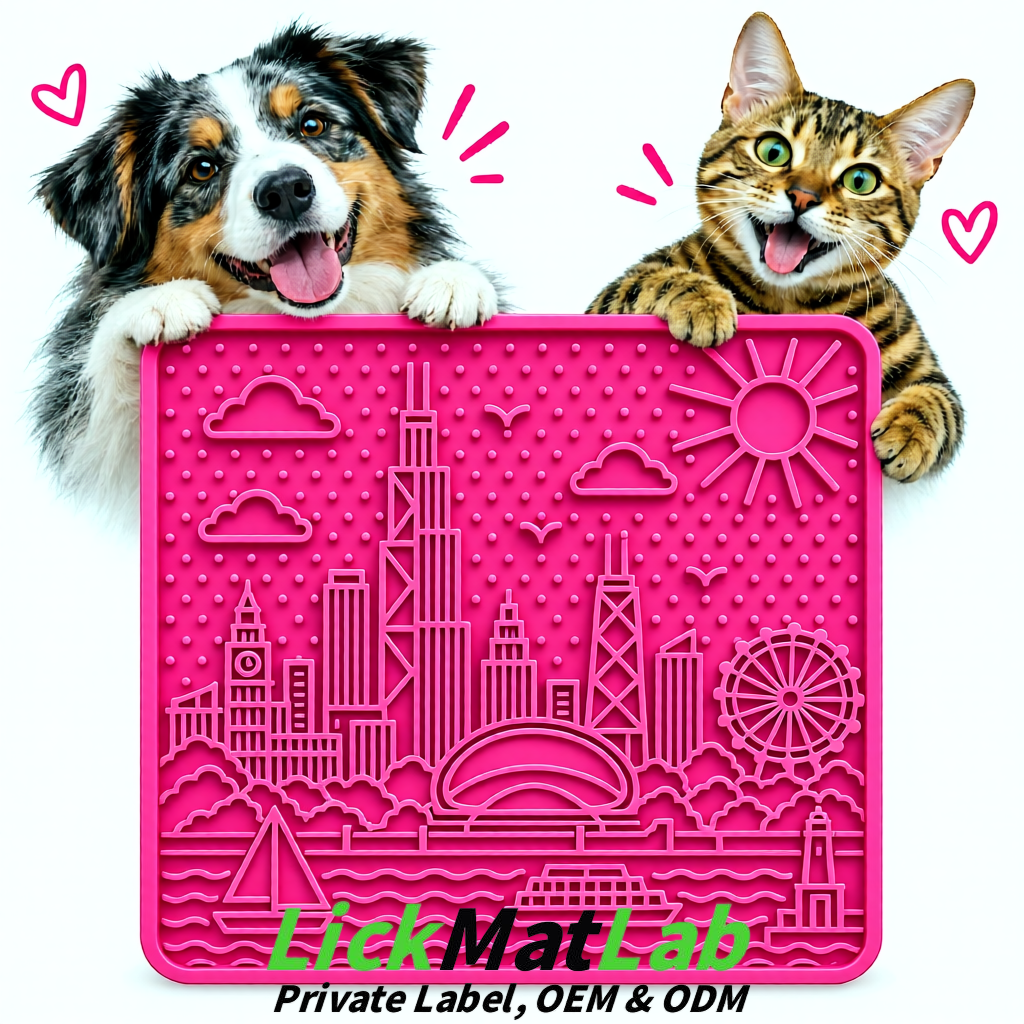 Neon Pink Chicago Skyline Lick Mats for Dogs & Cats | Private Label