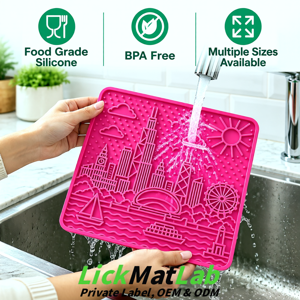 Neon Pink Chicago Skyline Lick Mats for Dogs & Cats | Private Label