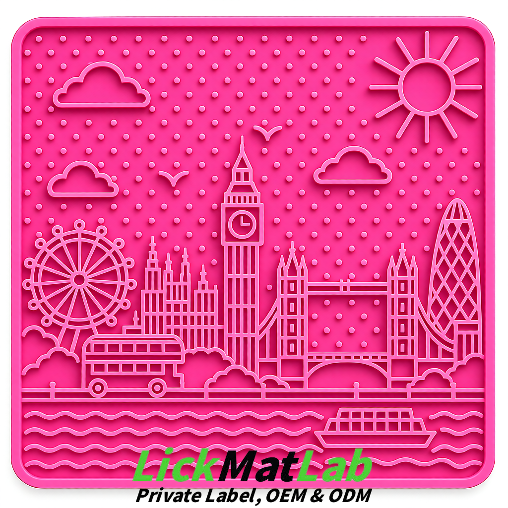 Neon Pink London-Themed Lick Mats for Dogs & Cats | Custom Logo