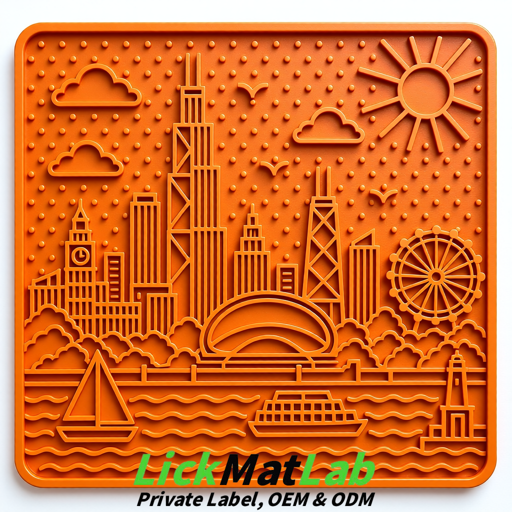 Orange Chicago Skyline Lick Mats for Dogs & Cats | Private Label