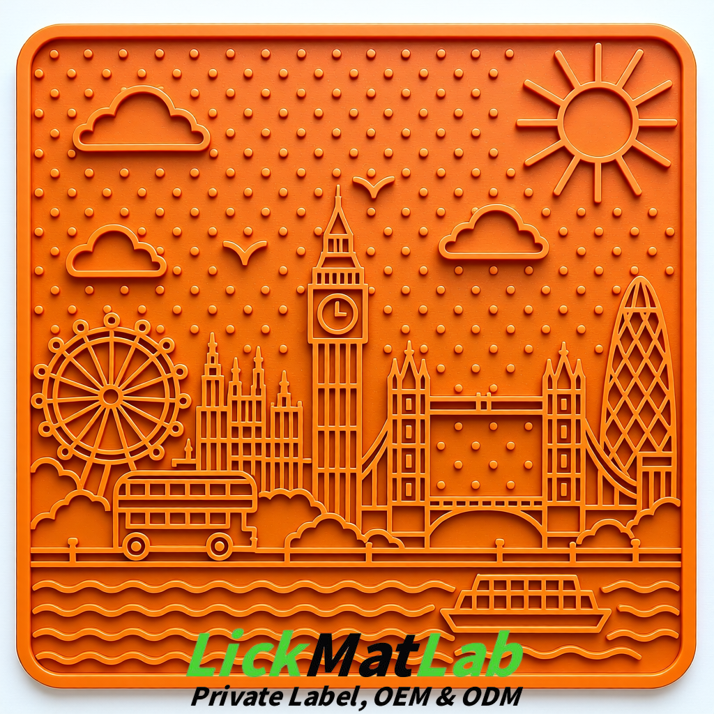 Orange London-Themed Lick Mats for Dogs & Cats | Custom Logo
