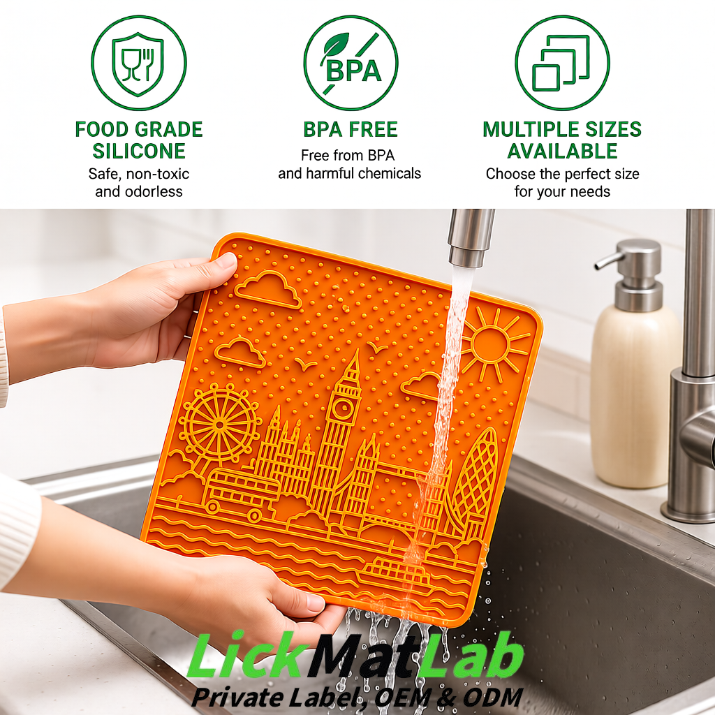 Orange London-Themed Lick Mats for Dogs & Cats | Custom Logo