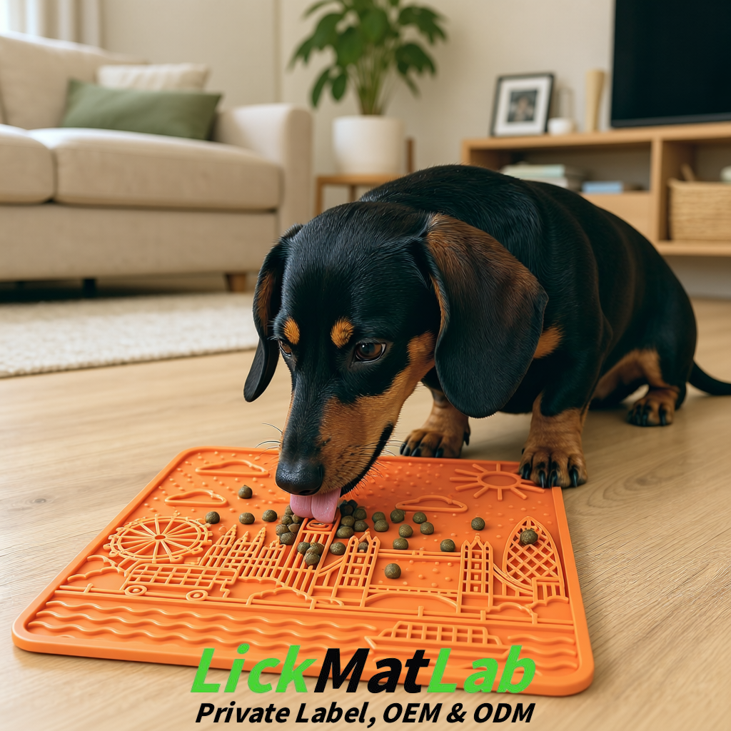 Orange London-Themed Lick Mats for Dogs & Cats | Custom Logo Orange London-Themed Lick Mats for Dogs & Cats | Custom Logo