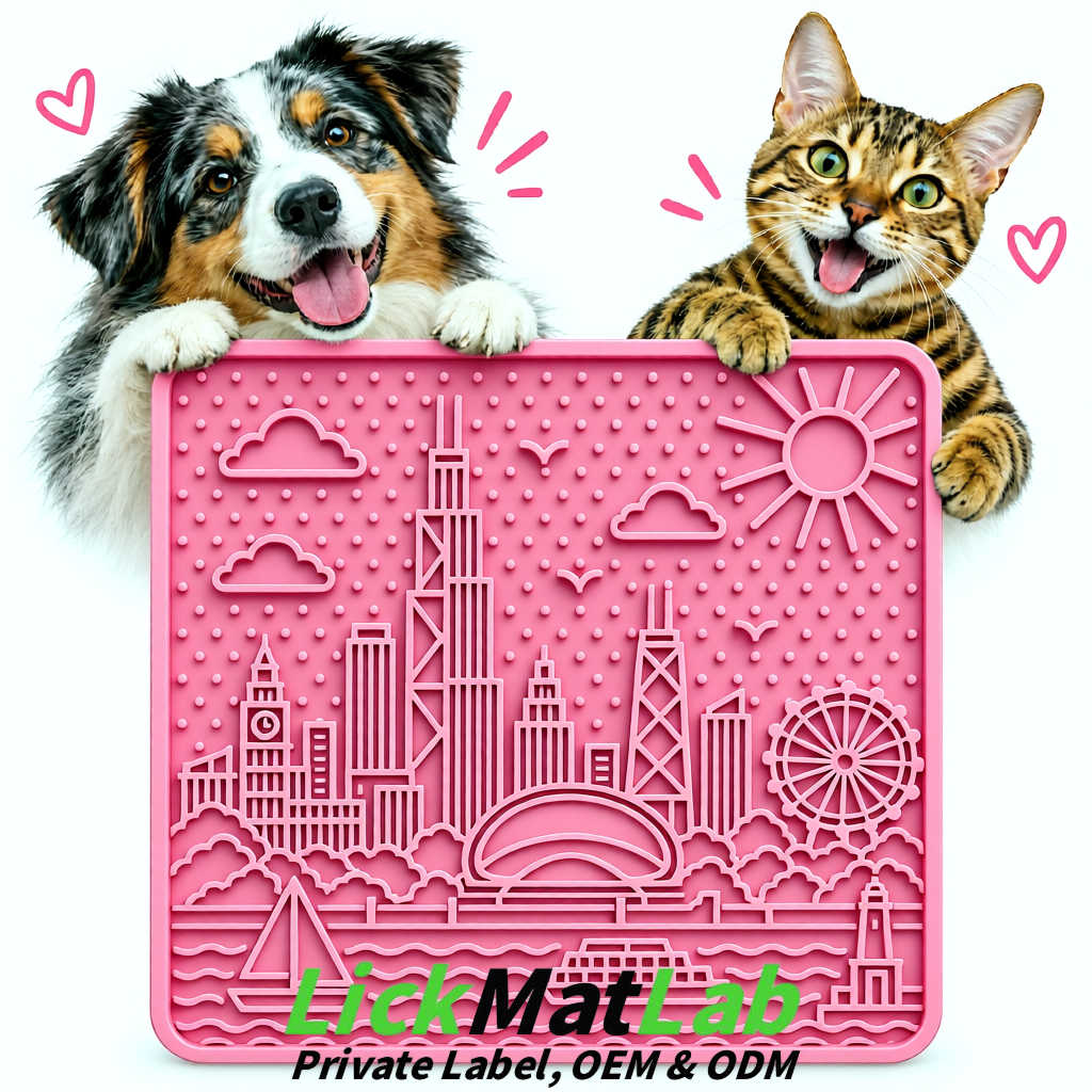 Pink Chicago Skyline Lick Mats for Dogs & Cats | Private Label