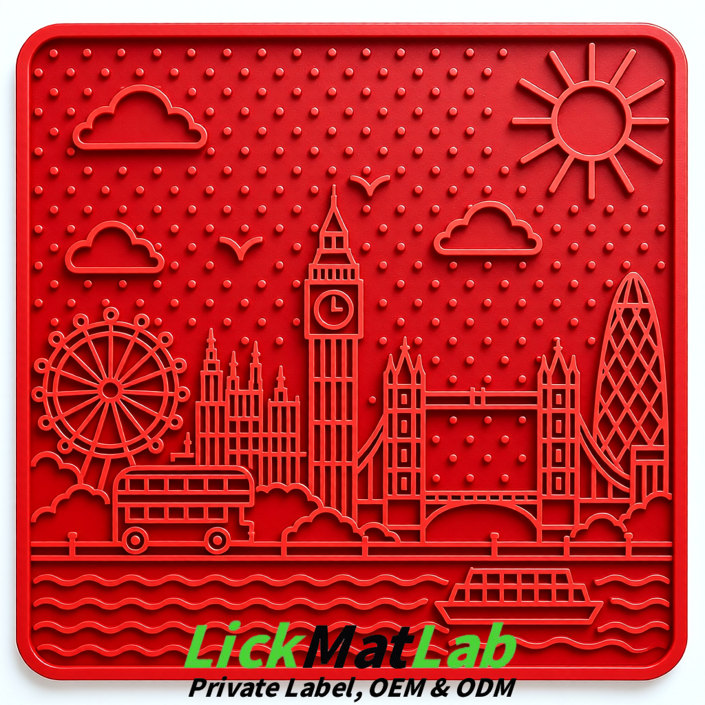 Red London-Themed Lick Mats for Dogs & Cats | Custom Logo