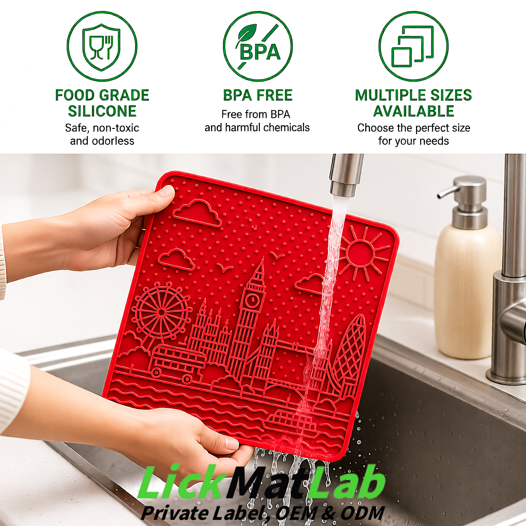 Red London-Themed Lick Mats for Dogs & Cats | Custom Logo