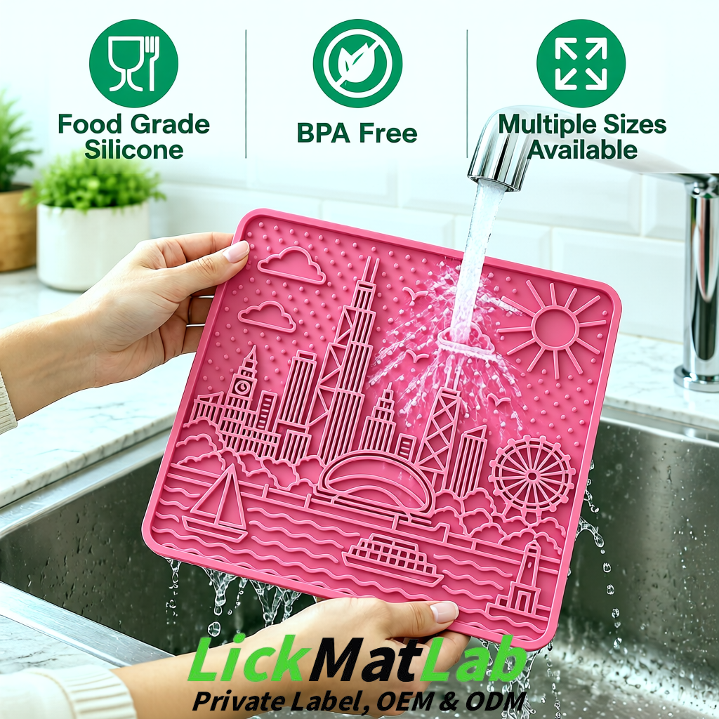 Rose Pink Chicago Skyline Lick Mats for Dogs & Cats | Private Label