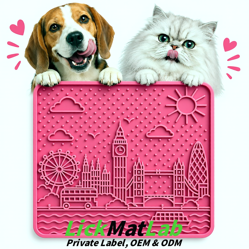 Rose Pink London-Themed Lick Mats for Dogs & Cats | Custom Logo