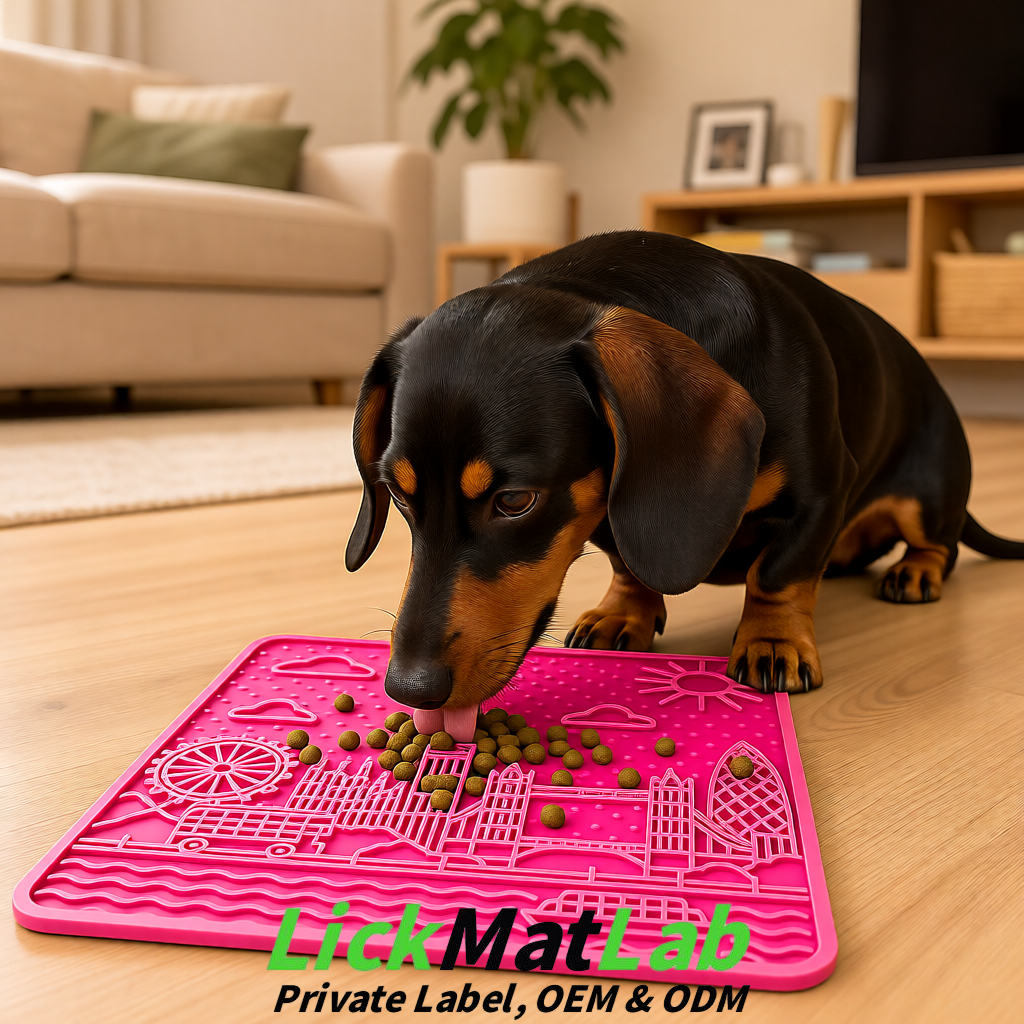 Rose Pink London-Themed Lick Mats for Dogs & Cats | Custom Logo