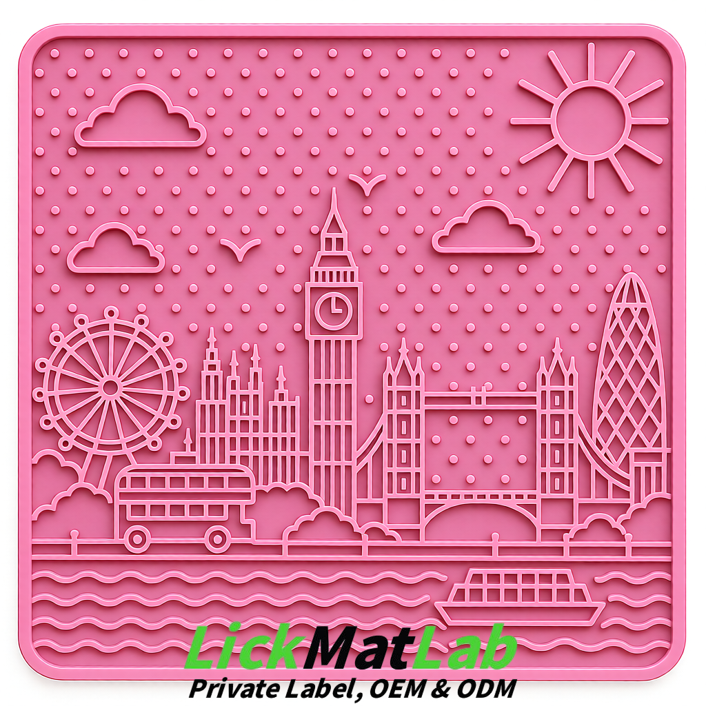 Rose Pink London-Themed Lick Mats for Dogs & Cats | Custom Logo