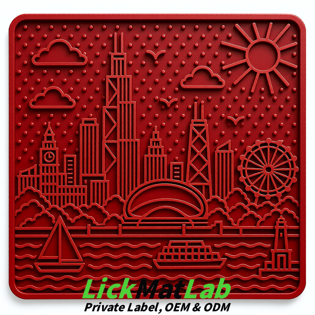 Scarlet Chicago Skyline Lick Mats for Dogs & Cats | Private Label