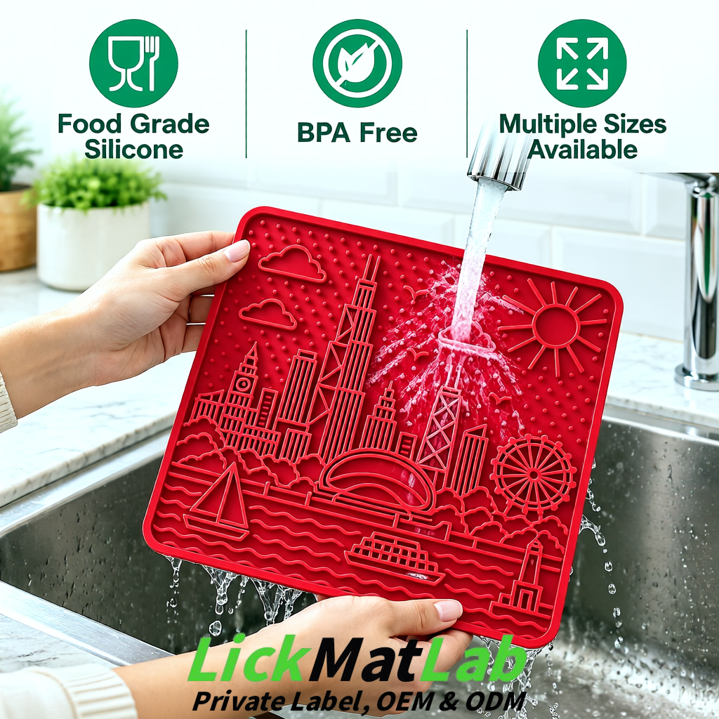 Scarlet Chicago Skyline Lick Mats for Dogs & Cats | Private Label