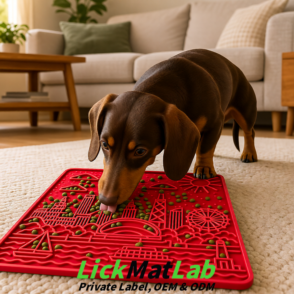 Scarlet Chicago Skyline Lick Mats for Dogs & Cats | Private Label Scarlet Chicago Skyline Lick Mats for Dogs & Cats | Private Label