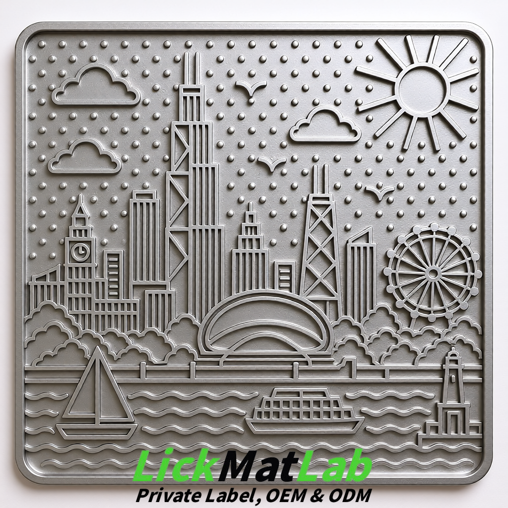 Silver Chicago Skyline Lick Mats for Dogs & Cats | Private Label