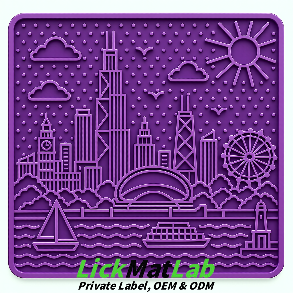 Violet Chicago Skyline Lick Mats for Dogs & Cats | Private Label Violet Chicago Skyline Lick Mats for Dogs & Cats | Private Label